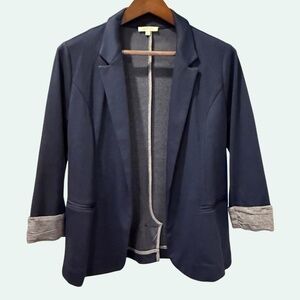 SKIES ARE BLUE Knit Blazer 3/4 Sleeves Contrast Cuffs Pre-Loved Navy Grey Size L